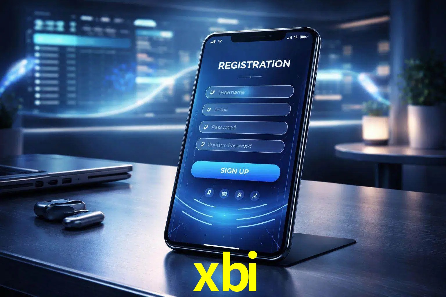 Una interfaz moderna de registro móvil para xbi mostrada en un smartphone con un panel de apuestas elegante.